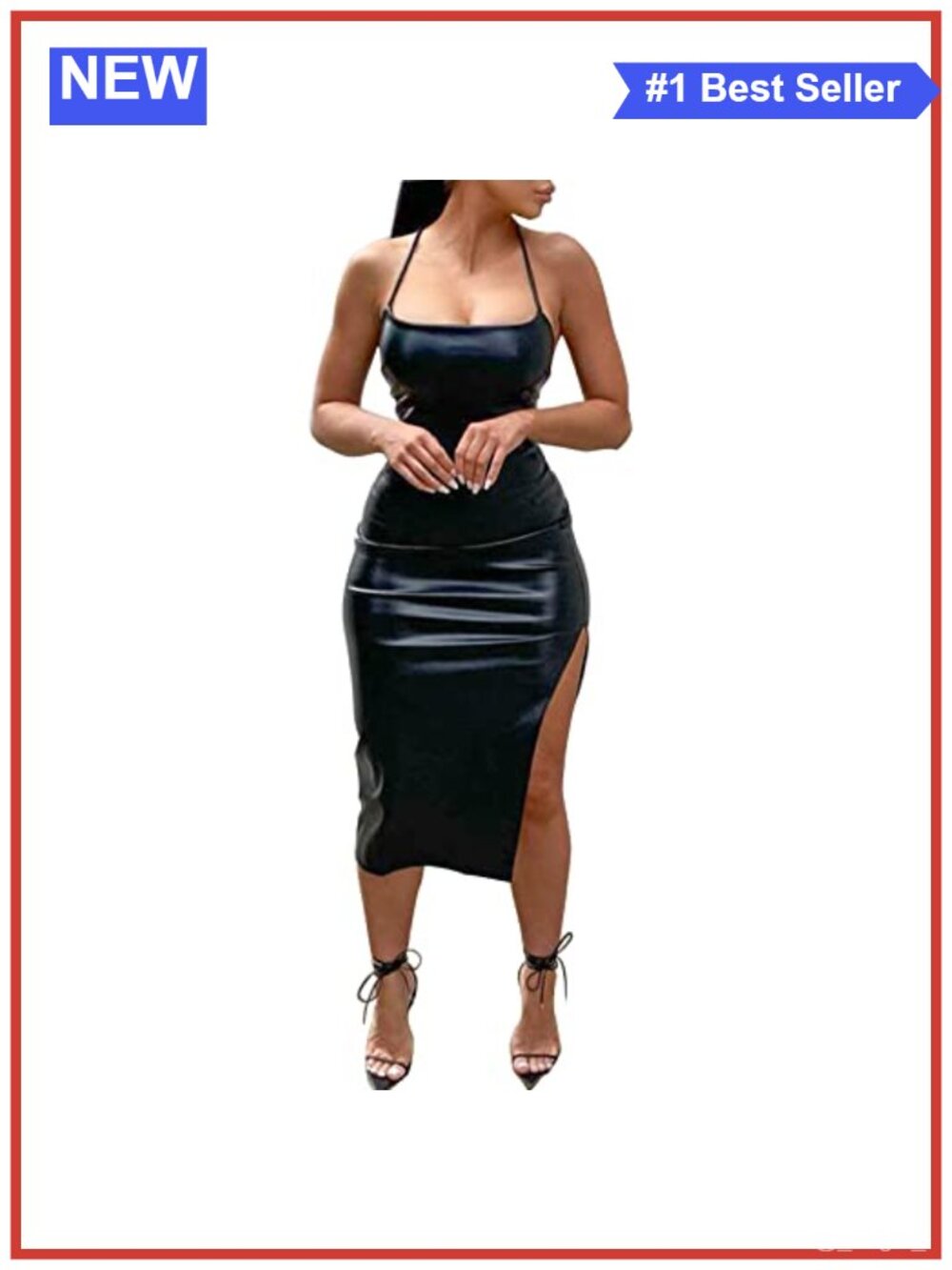 Faux Leather Sleeveless Backless Bandage Bodycon Split Midi Dress Party